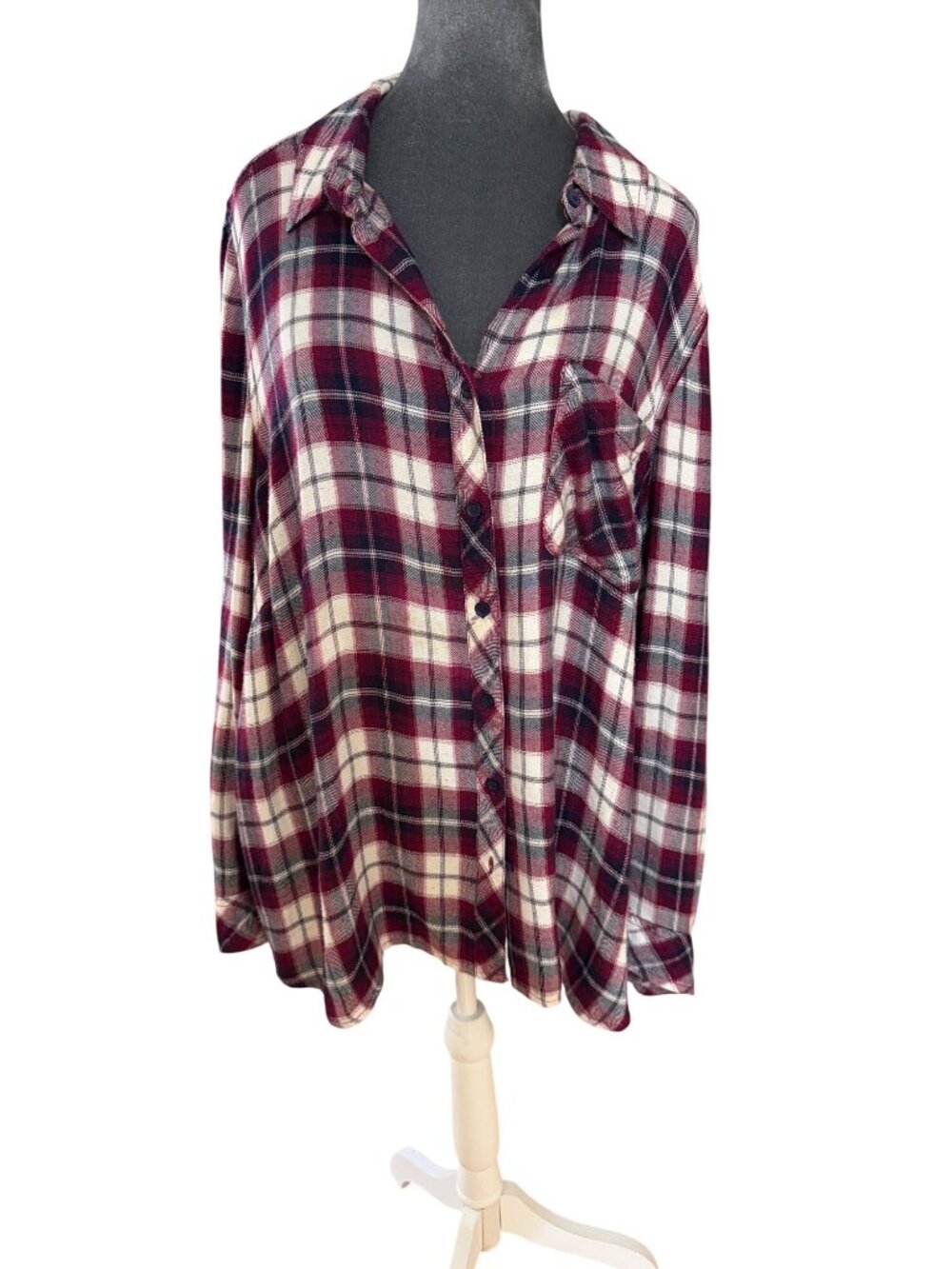 Beachlunchlounge Womens 2X Burgundy Plaid Button-Down Top